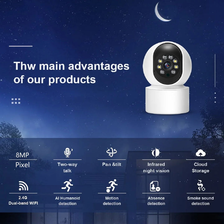 8MP Smart Home WiFi Surveillance Camera – PTZ Auto Tracking Baby Monitor with Night Vision