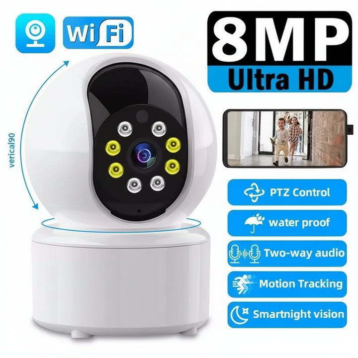 8MP Smart Home WiFi Surveillance Camera – PTZ Auto Tracking Baby Monitor with Night Vision